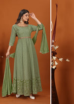 Thumbnail for Monjolika Fashion Faux Georgette Embroidered Readymade Gown In Green