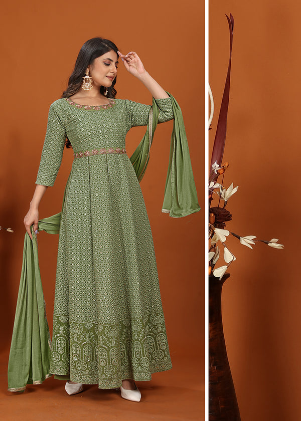 Monjolika Fashion Faux Georgette Embroidered Readymade Gown In Green