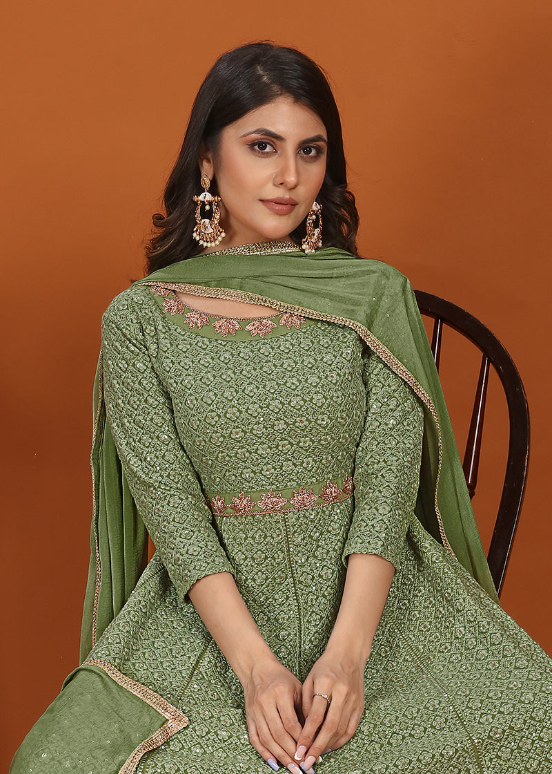Monjolika Fashion Faux Georgette Embroidered Readymade Gown In Green