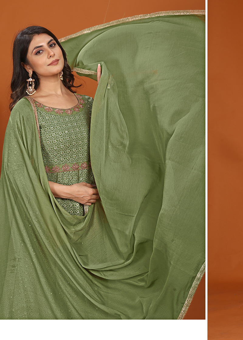 Monjolika Fashion Faux Georgette Embroidered Readymade Gown In Green