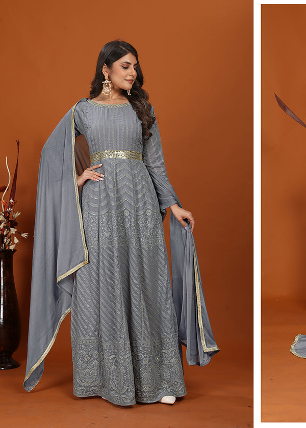 Monjolika Fashion Faux Georgette Embroidered Readymade Gown In Grey