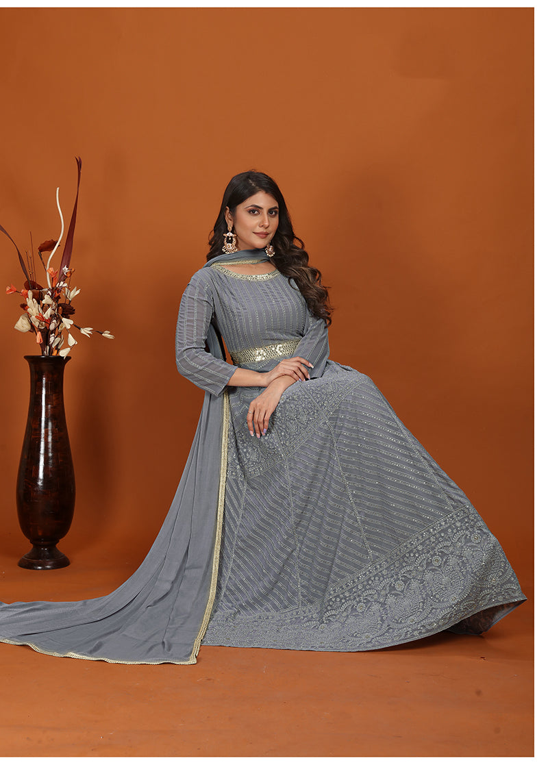 Monjolika Fashion Faux Georgette Embroidered Readymade Gown In Grey