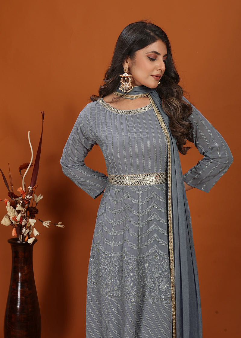 Monjolika Fashion Faux Georgette Embroidered Readymade Gown In Grey