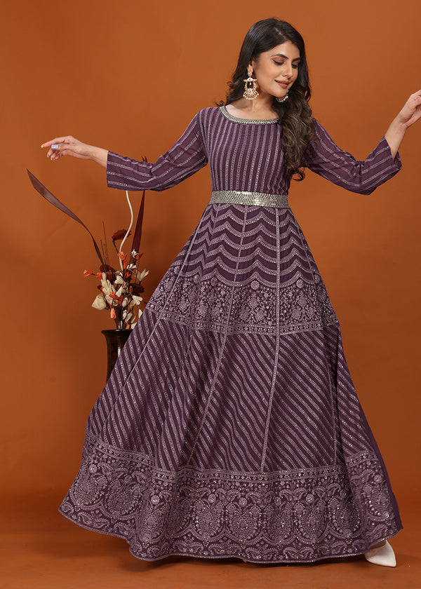 Monjolika Fashion Faux Georgette Embroidered Readymade Gown In Wine