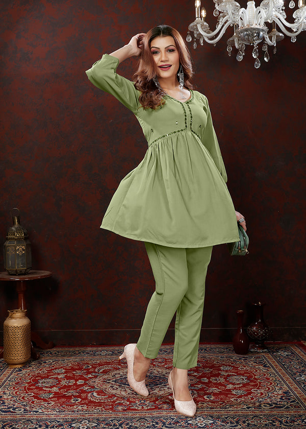Monjolika Fashion Olive Maaza Cotton With Hand Work Trendy Co Ord Set