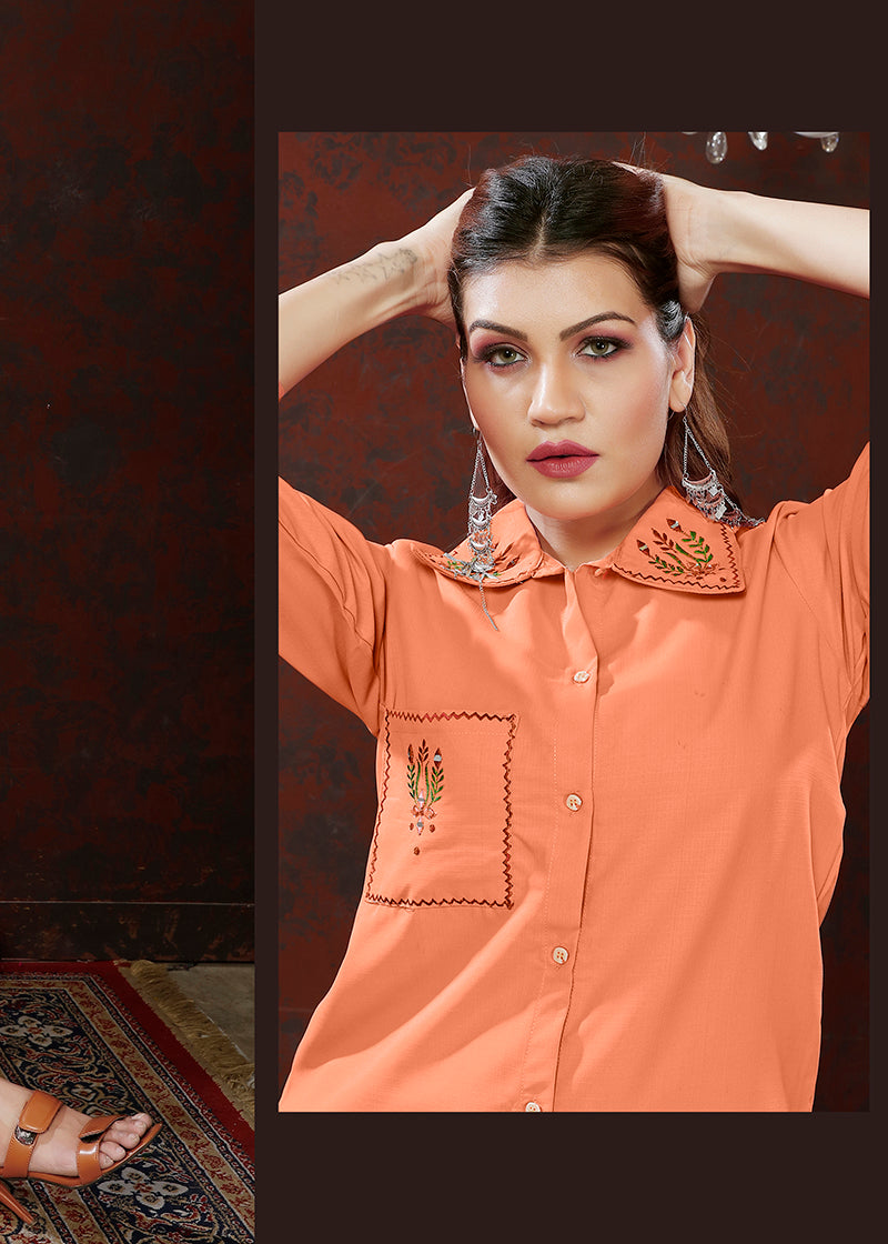 Monjolika Fashion Peach Maaza Cotton With Hand Work Trendy Co Ord Set