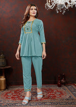 Thumbnail for Monjolika Fashion Light Blue Maaza Cotton With Hand Work Trendy Co Ord Set