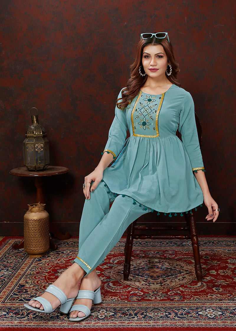 Monjolika Fashion Light Blue Maaza Cotton With Hand Work Trendy Co Ord Set
