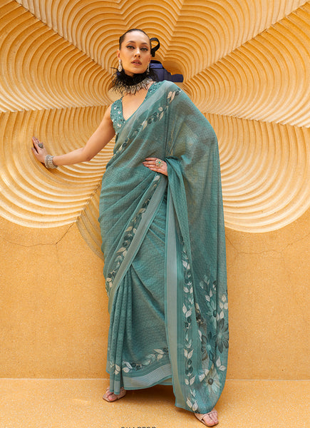 Monjolika Fashion Printed Georgette Classic Saree In Teal