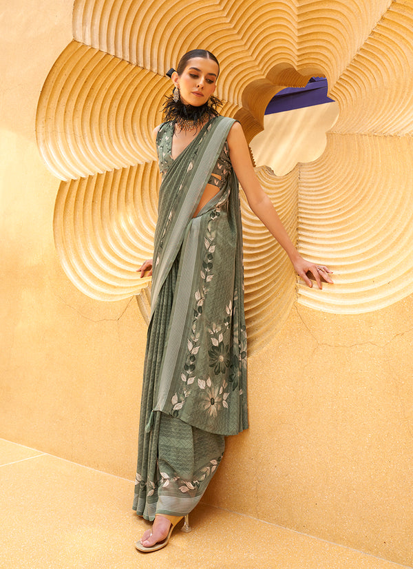 Monjolika Fashion Printed Georgette Classic Saree In Green