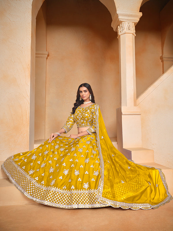 Monjolika Fashion Embroidered Art Silk Yellow Designer Lehenga Choli