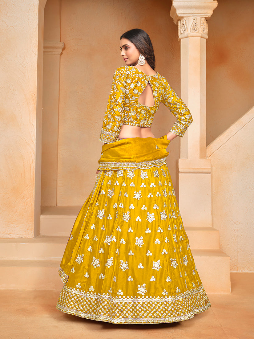 Monjolika Fashion Embroidered Art Silk Yellow Designer Lehenga Choli