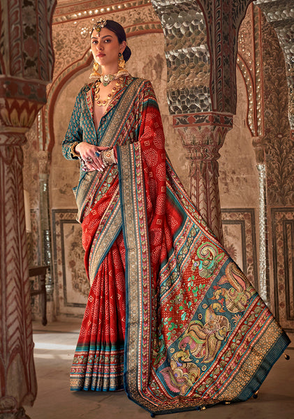 Monjolika Fashion Orange Printed Viscose Silk Designer Traditional Saree