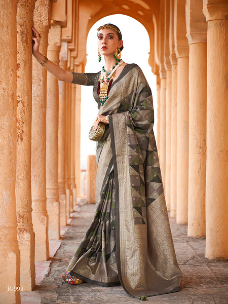 Monjolika Fashion Viscose Dark Grey Colour Foil Print Contemporary Saree