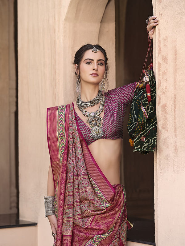 Monjolika Fashion Silk Patola Print Maroon Traditional Saree