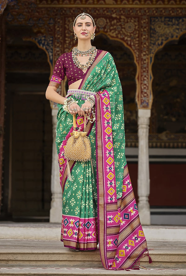 Monjolika Fashion Light Green And Pink Patola Print Silk Festival Trendy Saree