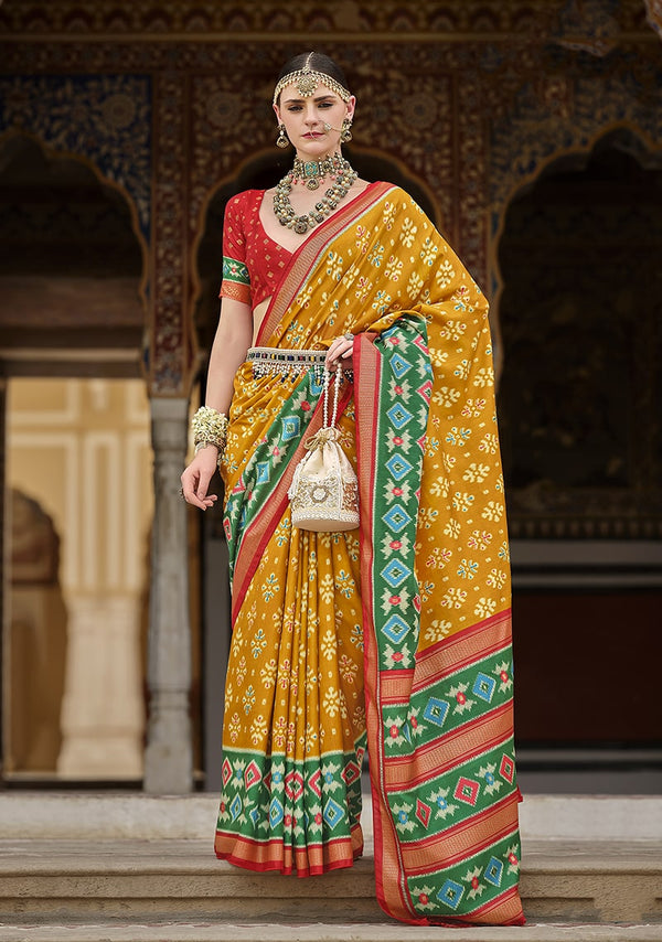 Monjolika Fashion Mustard And Green Patola Print Silk Festival Trendy Saree