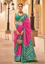 Thumbnail for Monjolika Fashion Patola Silk Rani Pink And Green Patola Print Classic Saree