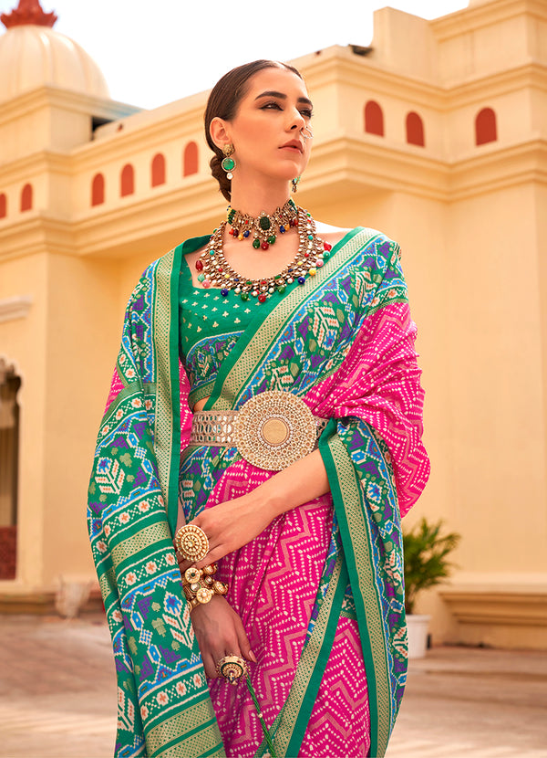 Monjolika Fashion Patola Silk Rani Pink And Green Patola Print Classic Saree