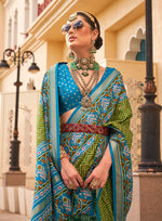 Thumbnail for Monjolika Fashion Patola Silk Olive And Light Blue Patola Print Classic Saree