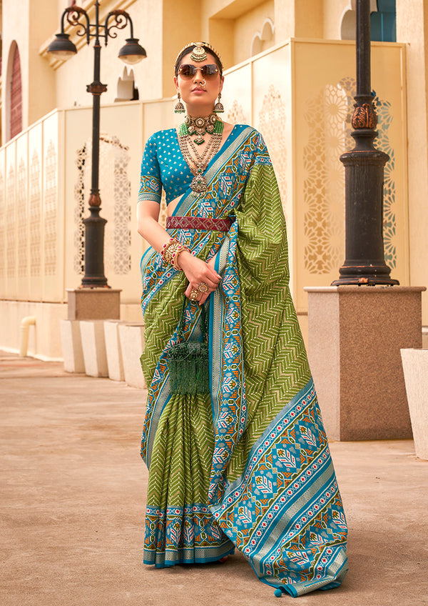 Monjolika Fashion Patola Silk Olive And Light Blue Patola Print Classic Saree