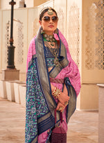 Thumbnail for Monjolika Fashion Patola Silk Pink And Navy Blue Patola Print Classic Saree