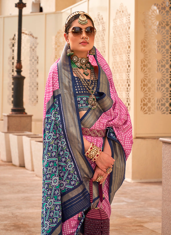 Monjolika Fashion Patola Silk Pink And Navy Blue Patola Print Classic Saree