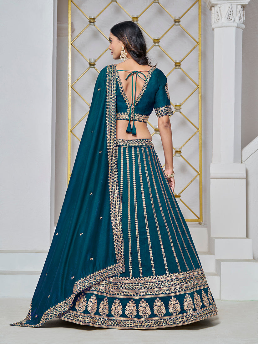 Monjolika Fashion Embroidered Art Silk Trendy Lehenga Choli In Teal