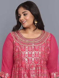 Thumbnail for AURELIA Pink Ethnic Motifs A-Line Midi Dress