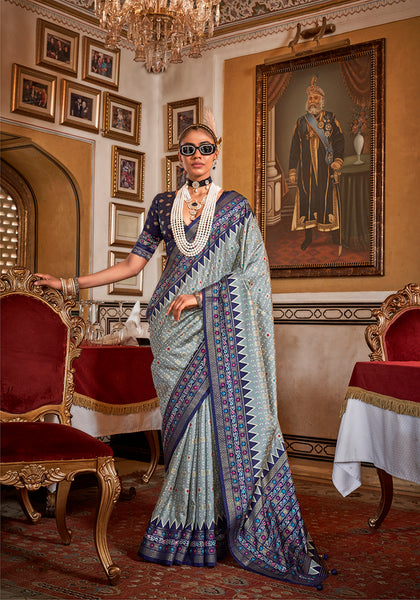 Monjolika Fashion Silk Light Grey With Navy Blue Border Printed Classic Saree
