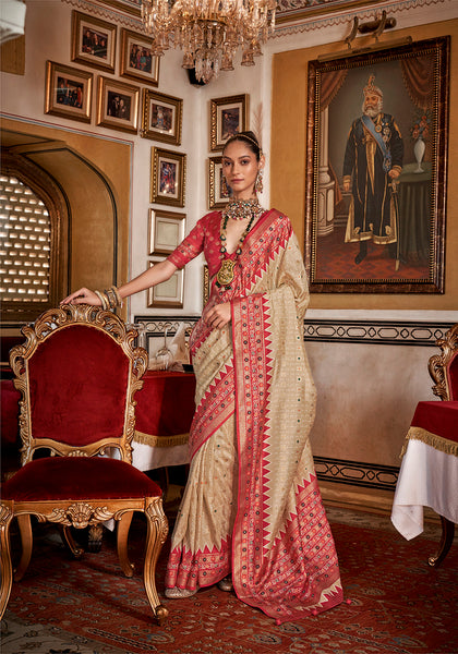 Monjolika Fashion Silk Cream With Red Border Printed Classic Saree