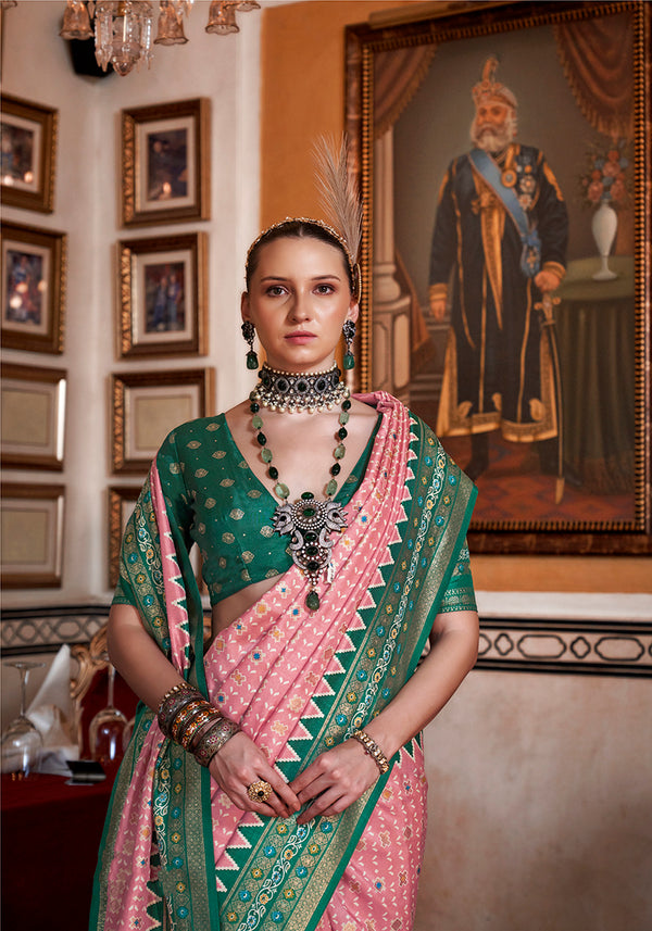 Monjolika Fashion Silk Light Pink With Green Border Printed Classic Saree