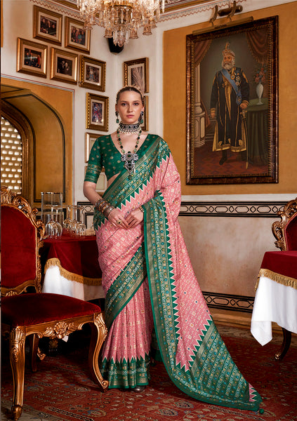 Monjolika Fashion Silk Light Pink With Green Border Printed Classic Saree