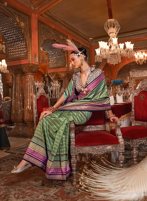 Monjolika Fashion Silk Weaving Zari Green Traditional Saree