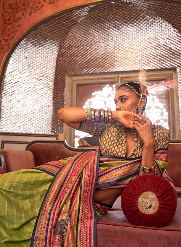 Monjolika Fashion Silk Weaving Zari Light Green Traditional Saree