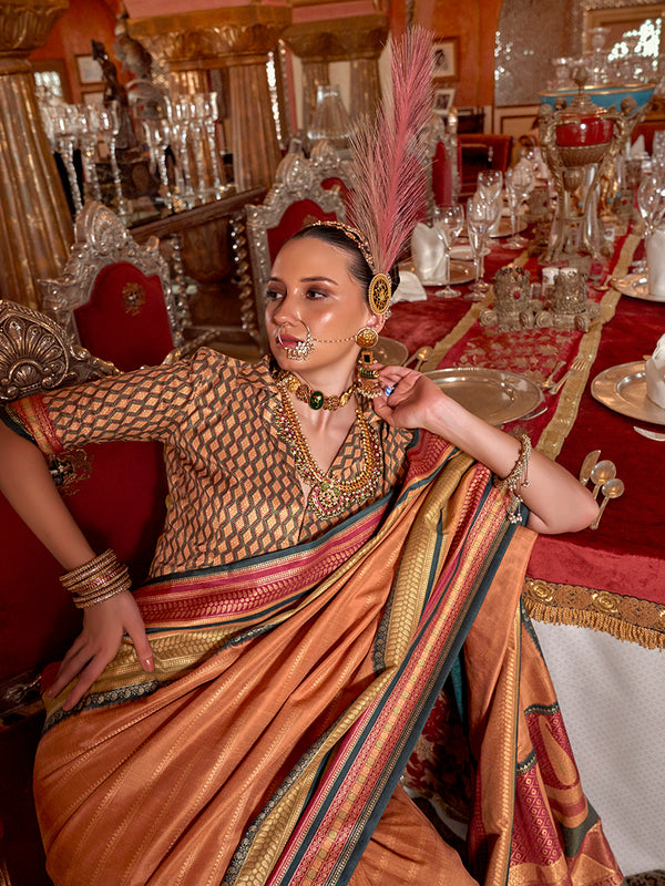 Monjolika Fashion Silk Weaving Zari Orange Traditional Saree