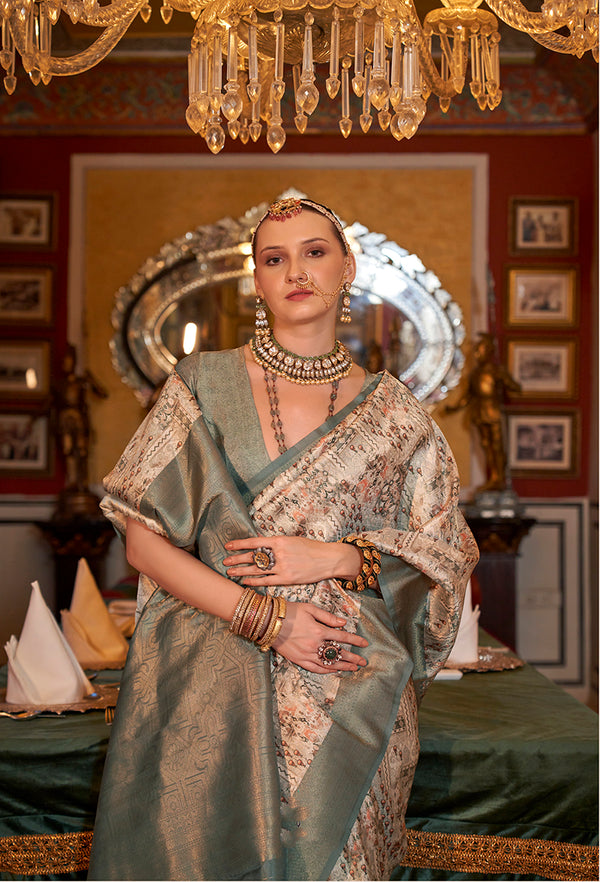 Monjolika Fashion Tussar Silk Digital Print Zari Border Grey Contemporary Saree