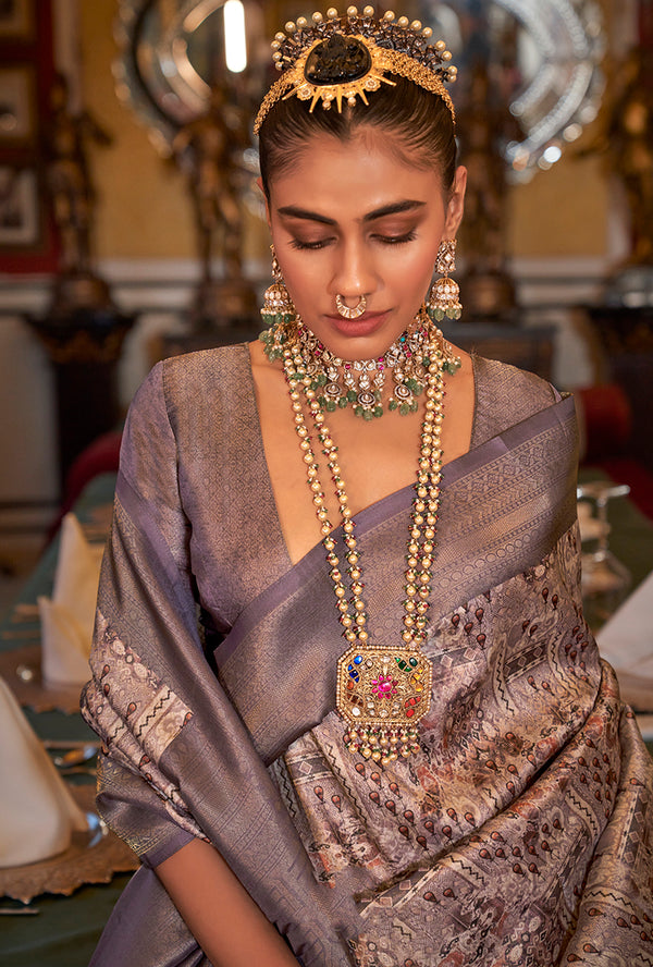 Monjolika Fashion Tussar Silk Digital Print Zari Border Purple Contemporary Saree