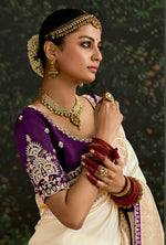 Thumbnail for Monjolika Fashion Sequins Embroidered Border Work Dola Silk Cream Reception Classic Saree