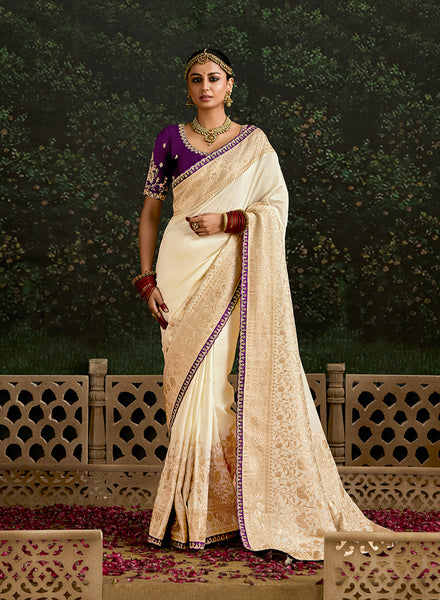 Monjolika Fashion Sequins Embroidered Border Work Dola Silk Cream Reception Classic Saree