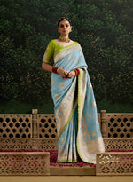 Thumbnail for Monjolika Fashion Sequins Embroidered Border Work Dola Silk Aqua Blue Reception Classic Saree