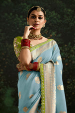 Thumbnail for Monjolika Fashion Sequins Embroidered Border Work Dola Silk Aqua Blue Reception Classic Saree