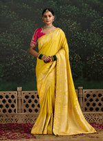 Thumbnail for Monjolika Fashion Sequins Embroidered Border Work Dola Silk Yellow Reception Classic Saree