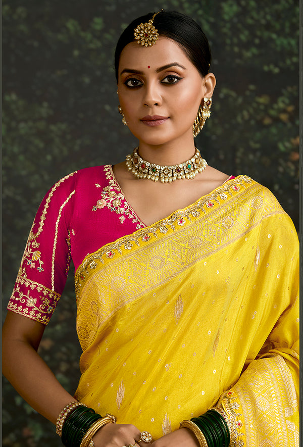 Monjolika Fashion Sequins Embroidered Border Work Dola Silk Yellow Reception Classic Saree