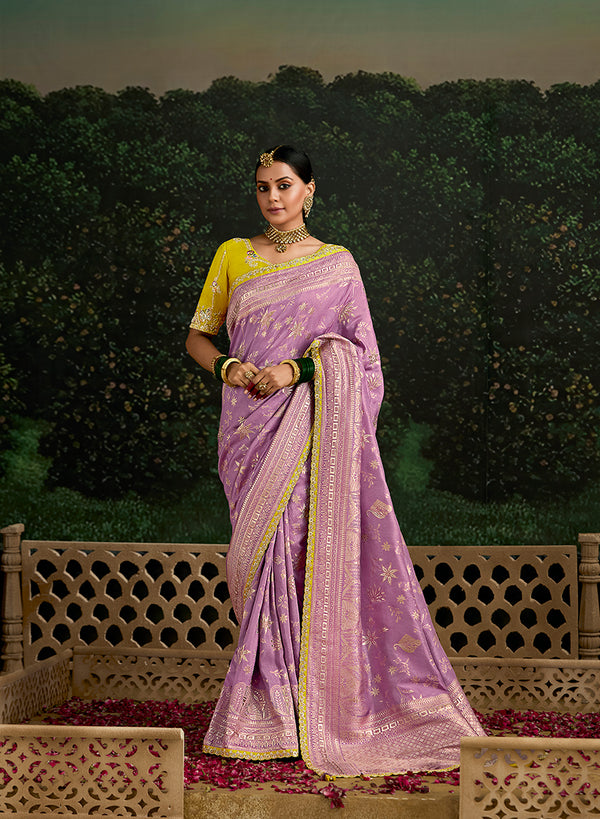 Monjolika Fashion Sequins Embroidered Border Work Dola Silk Lilac Reception Classic Saree