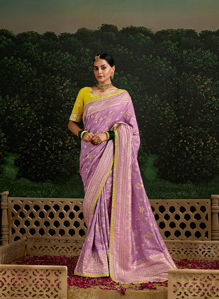 Monjolika Fashion Sequins Embroidered Border Work Dola Silk Lilac Reception Classic Saree