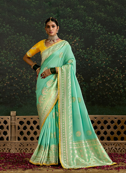 Monjolika Fashion Sequins Embroidered Border Work Dola Silk Turquoise Reception Classic Saree