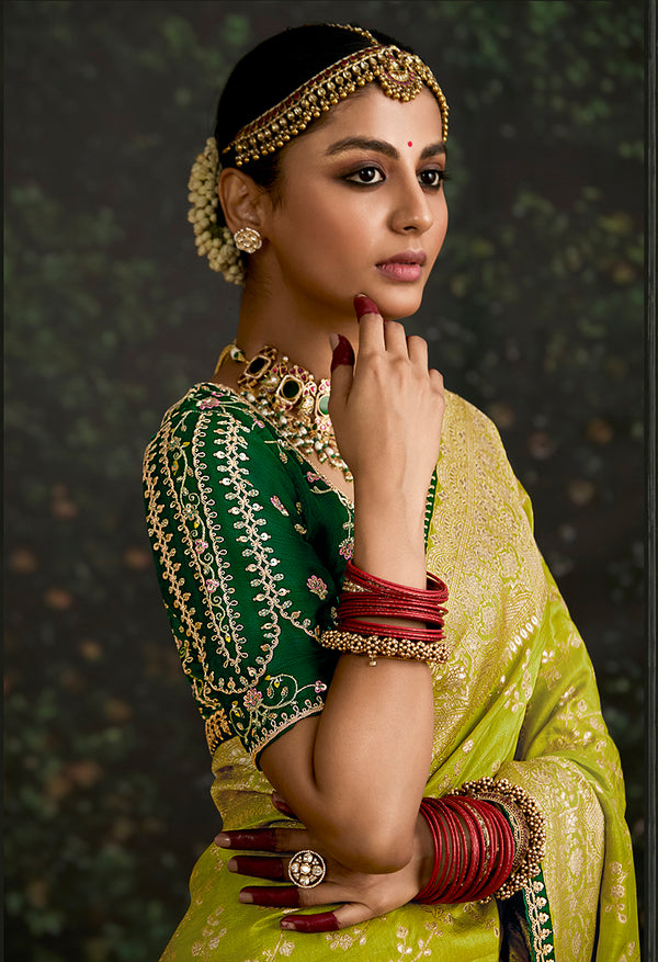 Monjolika Fashion Sequins Embroidered Border Work Dola Silk Pear Reception Classic Saree