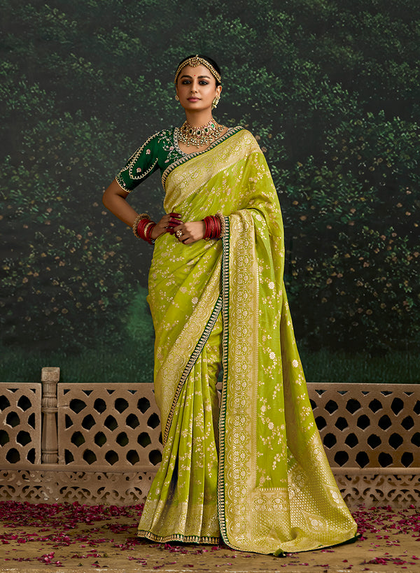 Monjolika Fashion Sequins Embroidered Border Work Dola Silk Pear Reception Classic Saree