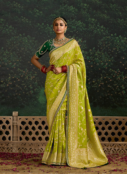 Monjolika Fashion Sequins Embroidered Border Work Dola Silk Pear Reception Classic Saree
